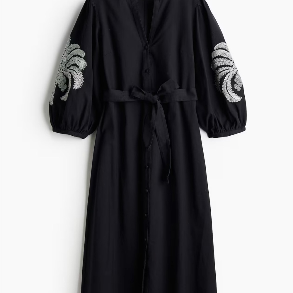 H&M Black Long Sleeve Button-Front Midi Dress with Embroidered Sleeves